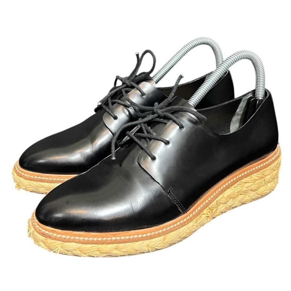 Loeffler Randall Black Oxford Raffia Callie Wedge Shoes Leather Womens Size 8